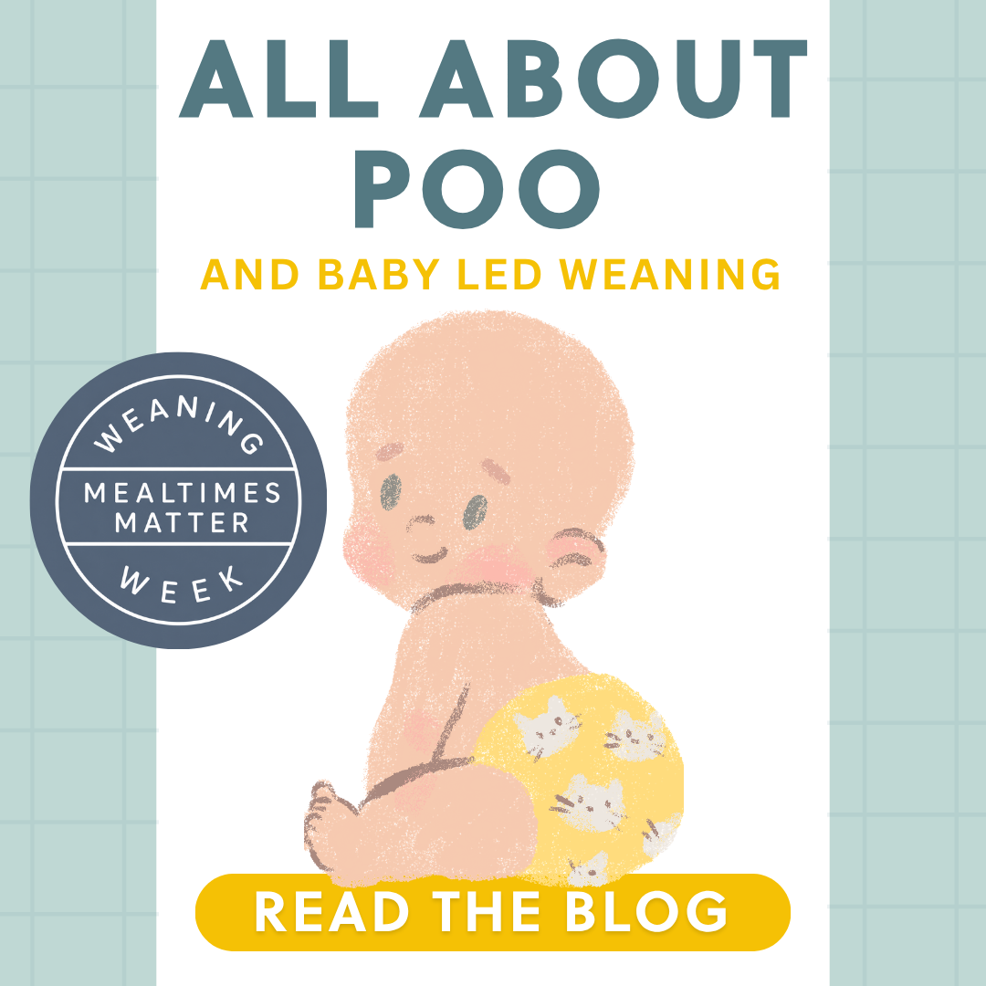 Illustration of a baby in a yellow nappy with white cats, promoting a blog about baby poo during weaning.