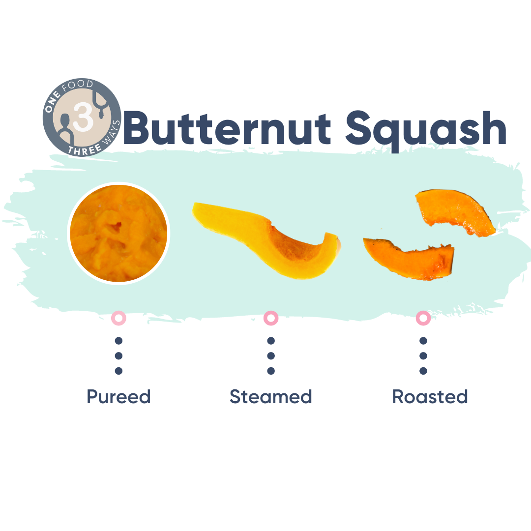 Butternut squash prepared three ways: pureed, steamed, and roasted.
