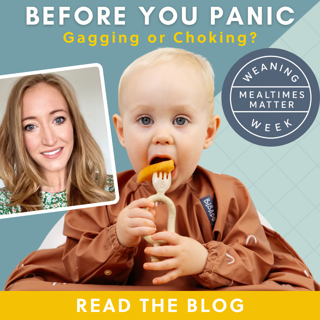 Baby in a brown bib holding a fork with food, with a woman's portrait and "Weaning Mealtimes Matter Week" logo.