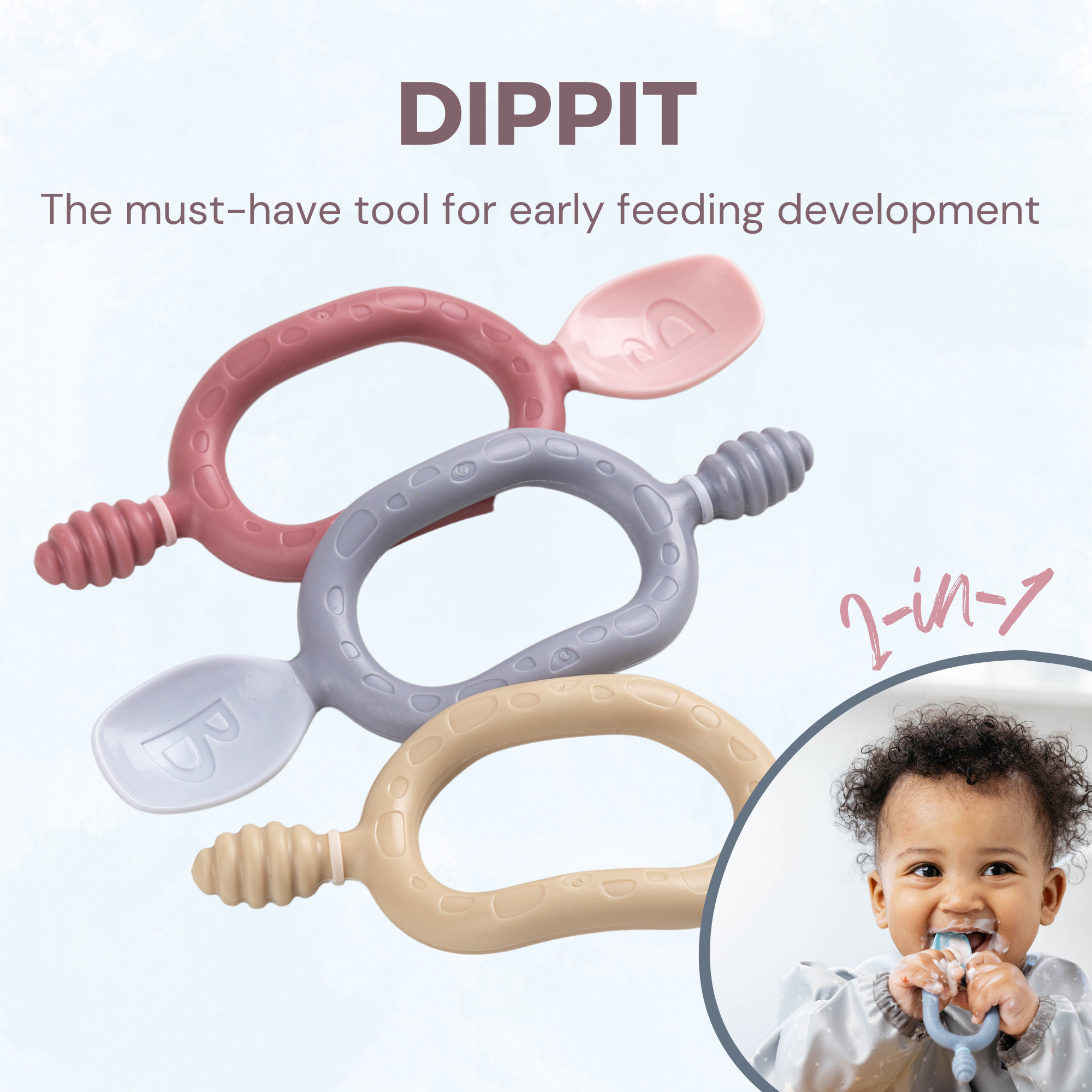 Three pastel Dippit™ transitional feeding tools in pink, grey, and beige, with a baby using one.