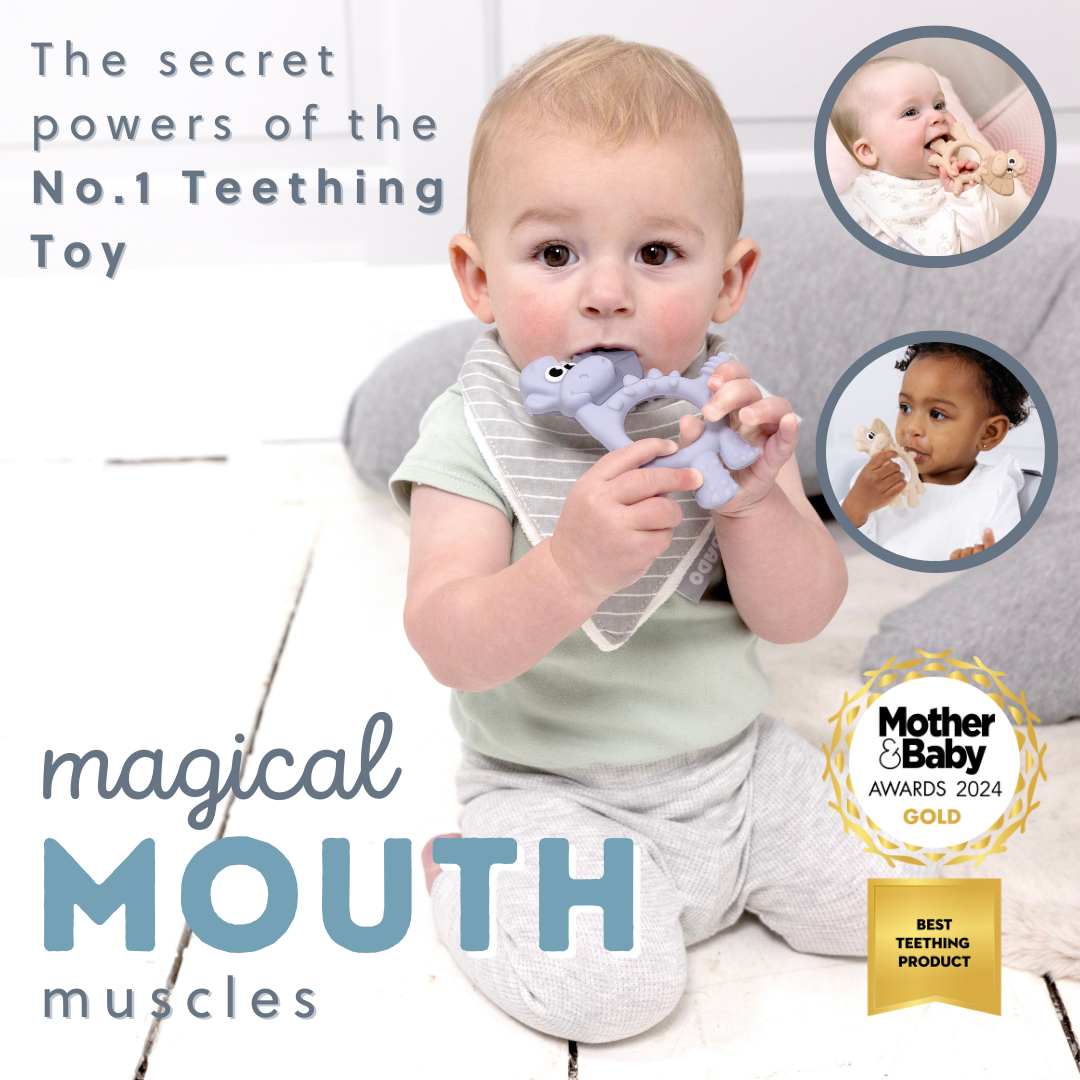 Baby chewing a grey silicone elephant teether, with two inset images of other babies using teethers.
