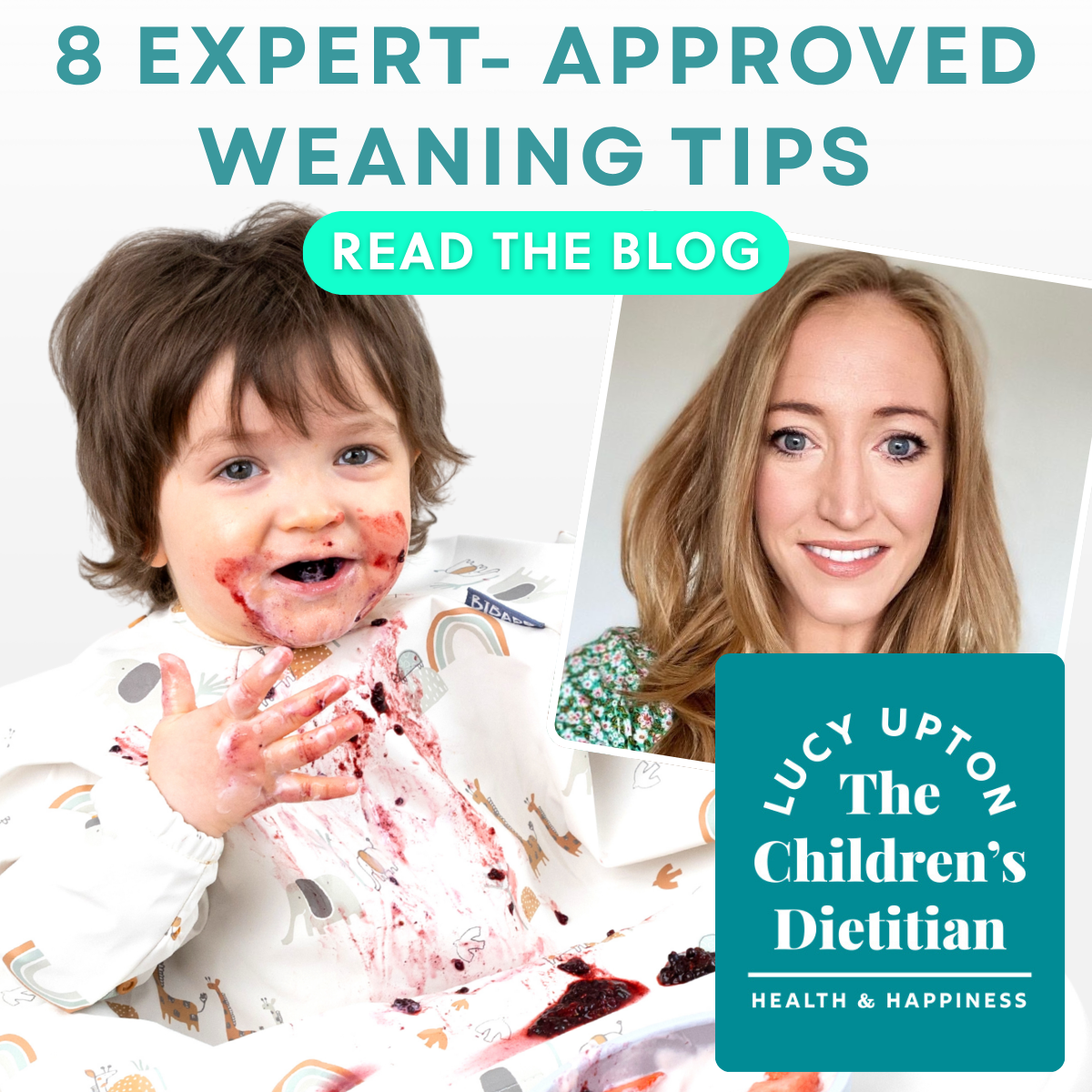 Messy baby in a highchair, covered in berries, next to a smiling female dietitian.