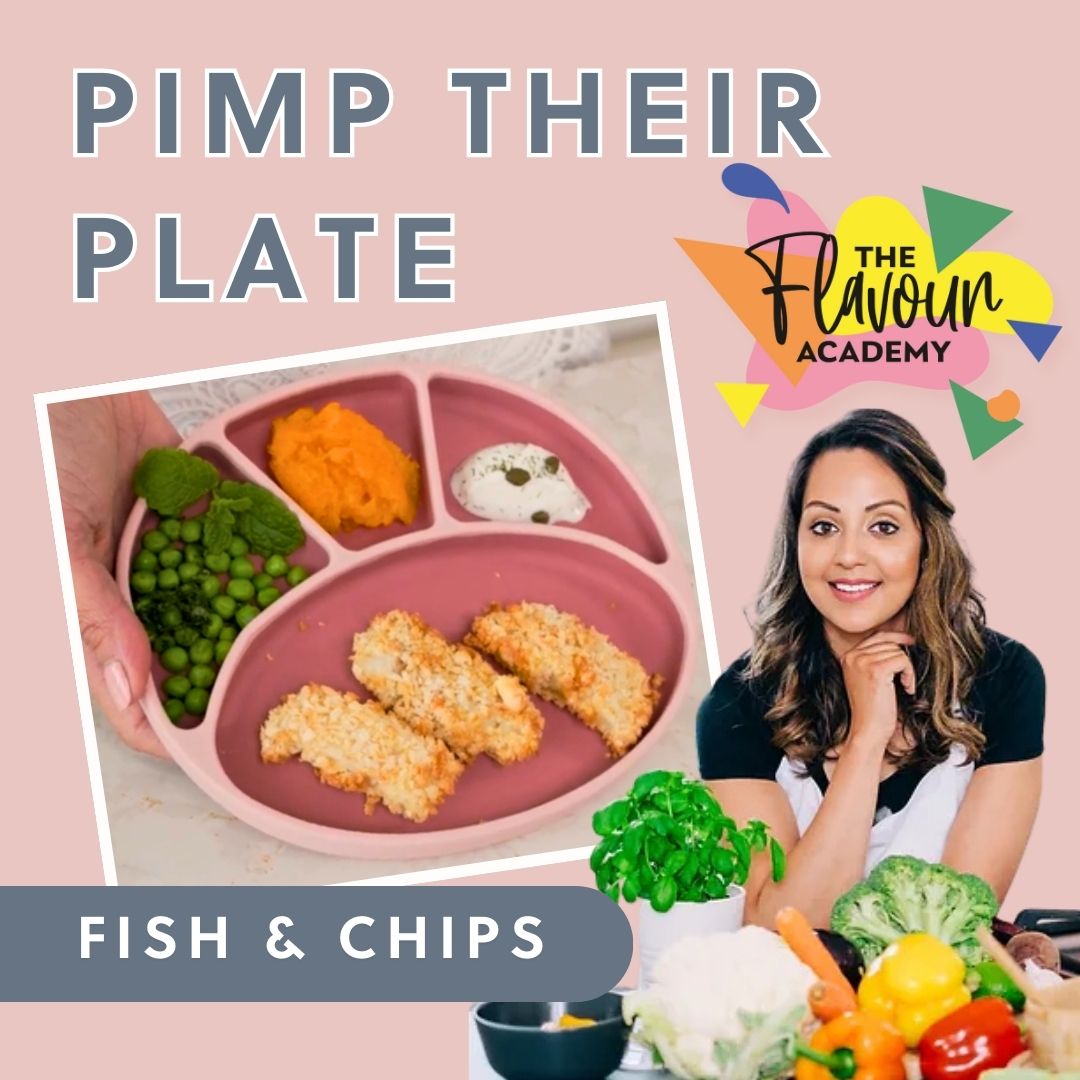 A woman smiles beside a pink divided plate with fish goujons, mushy peas, and sweet potato mash.