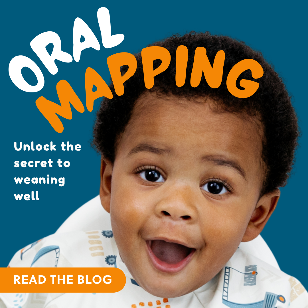 Child looking into the camera with a shocked expression. Text reads: Oral Mapping - Unlock the secret to weaning well. Read the blog