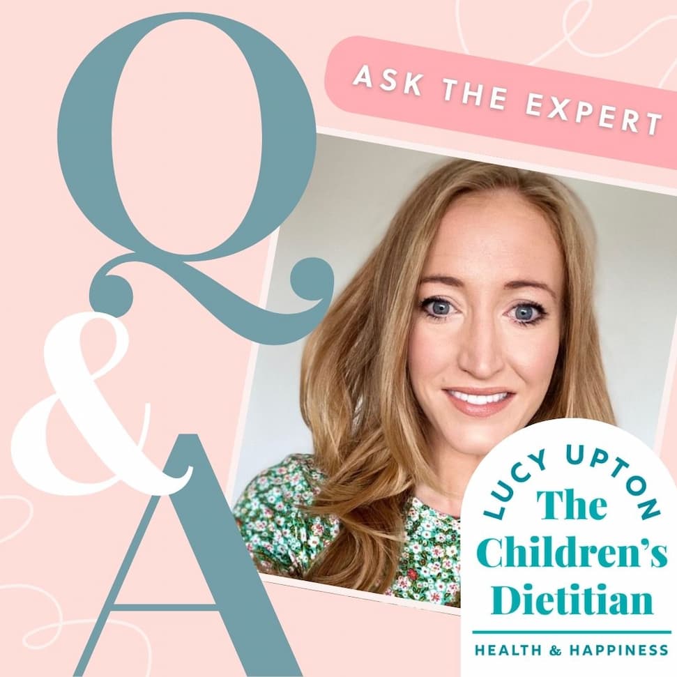 Lucy Upton, The Children's Dietitian, smiling against a pink background with "Q&A Ask The Expert".
