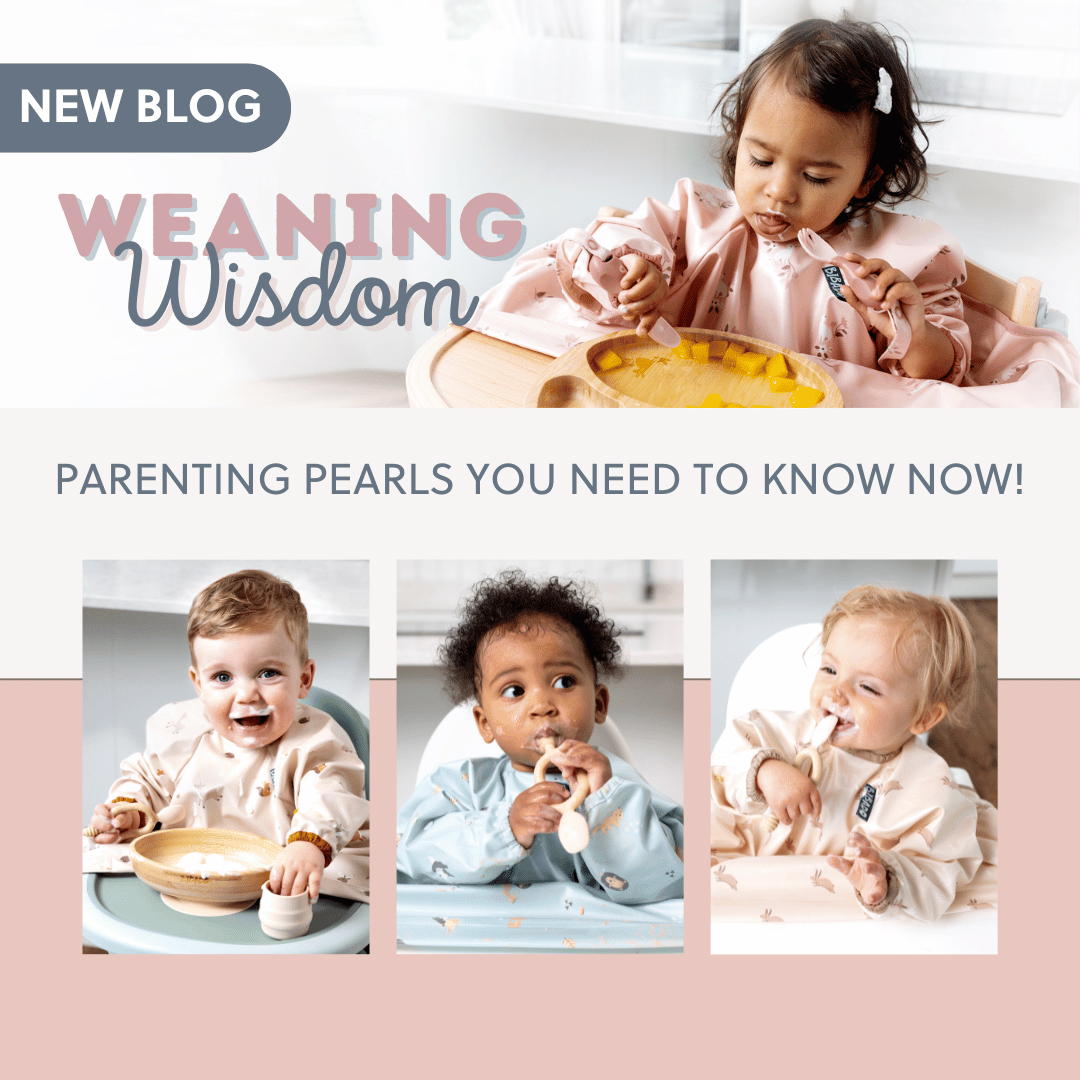 Three happy babies in bibs, enjoying solid food during weaning.
