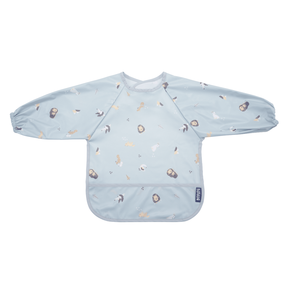 Light blue long-sleeved weaning bib with a grey trim, animal print, and front pocket. - Product image