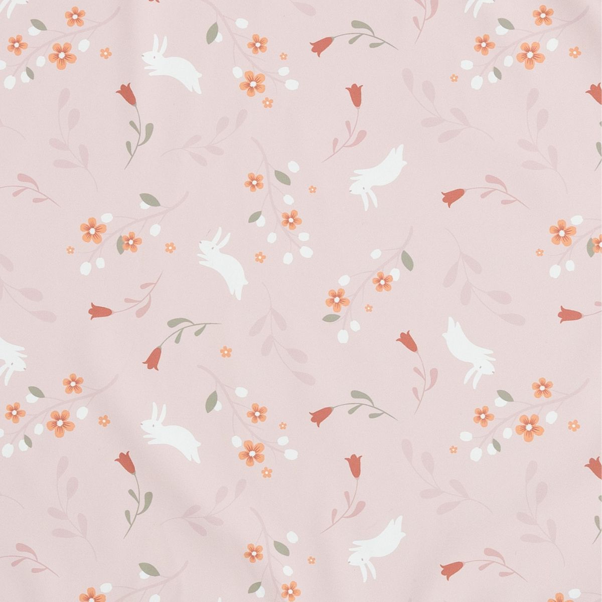 Pink fabric with a pattern of white bunnies, orange flowers, and green leaves. - Product image