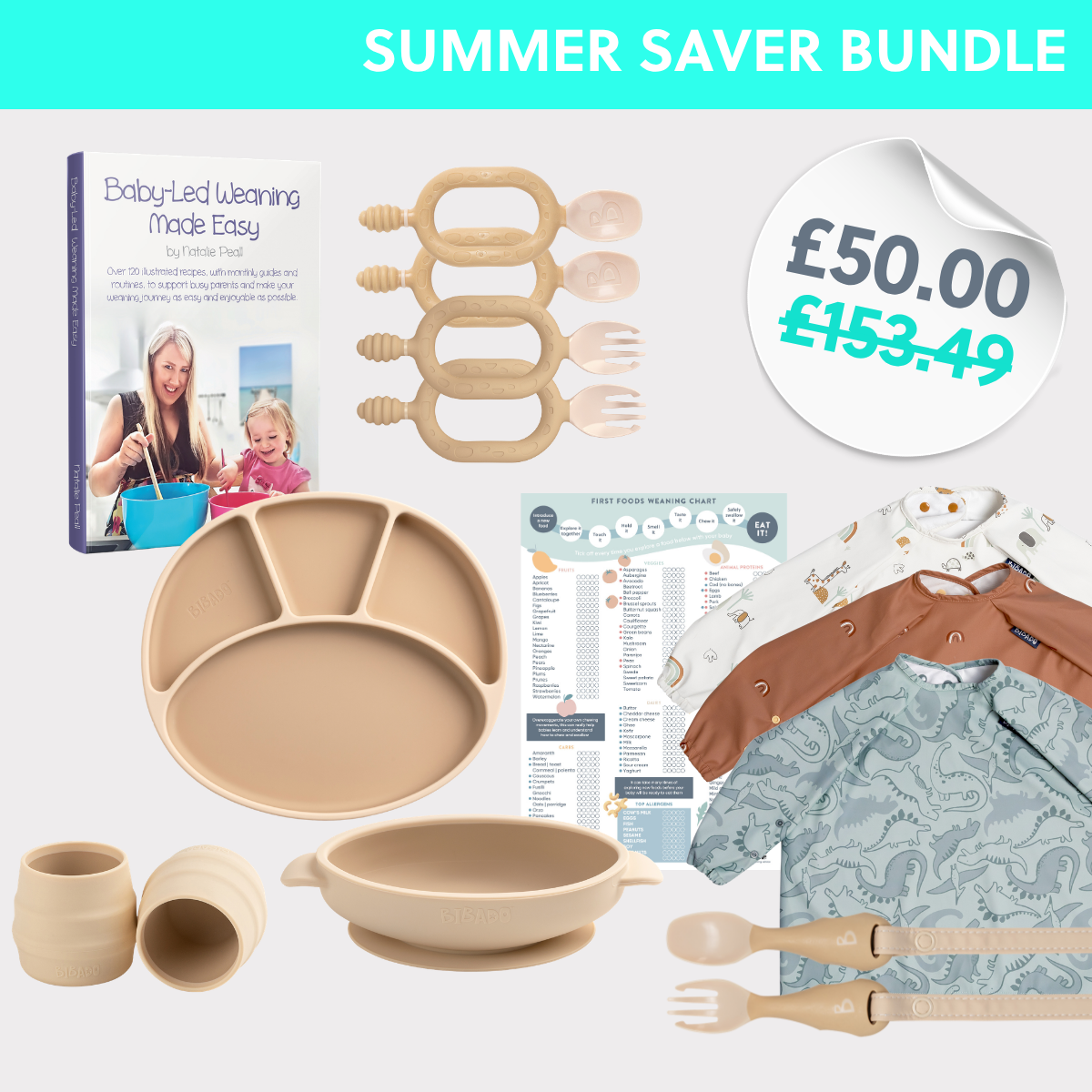 Baby weaning product bundle with books, plates, and utensils on a white background. - Product image