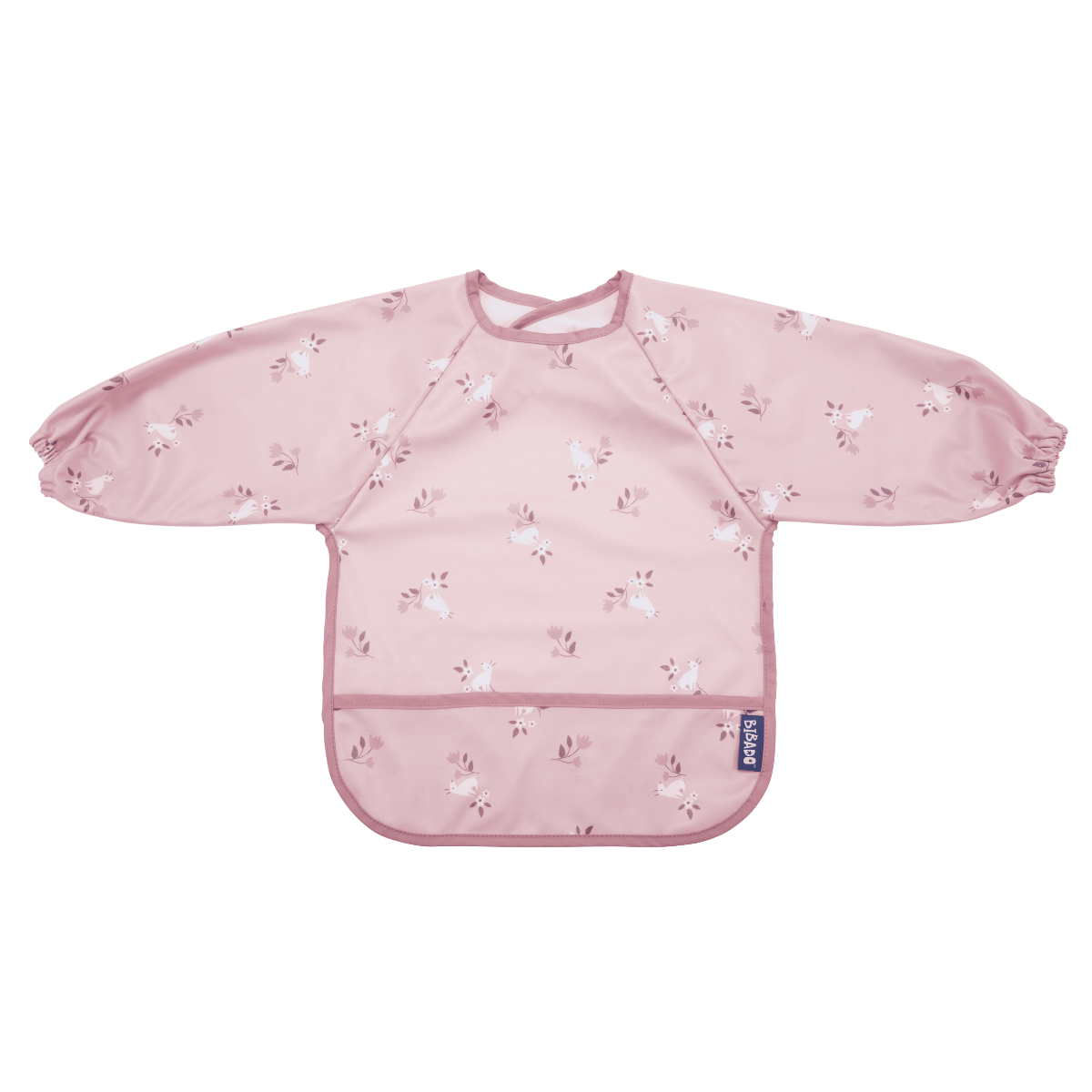 Pink long-sleeved Bibado coverall weaning bib with white bunny and floral print, front pocket. - Product image