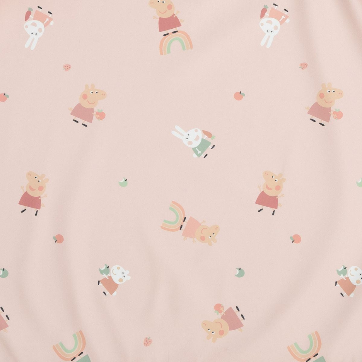 Pink fabric with a pattern of Peppa Pig, George Pig, Suzy Sheep, and rainbows. - Product image
