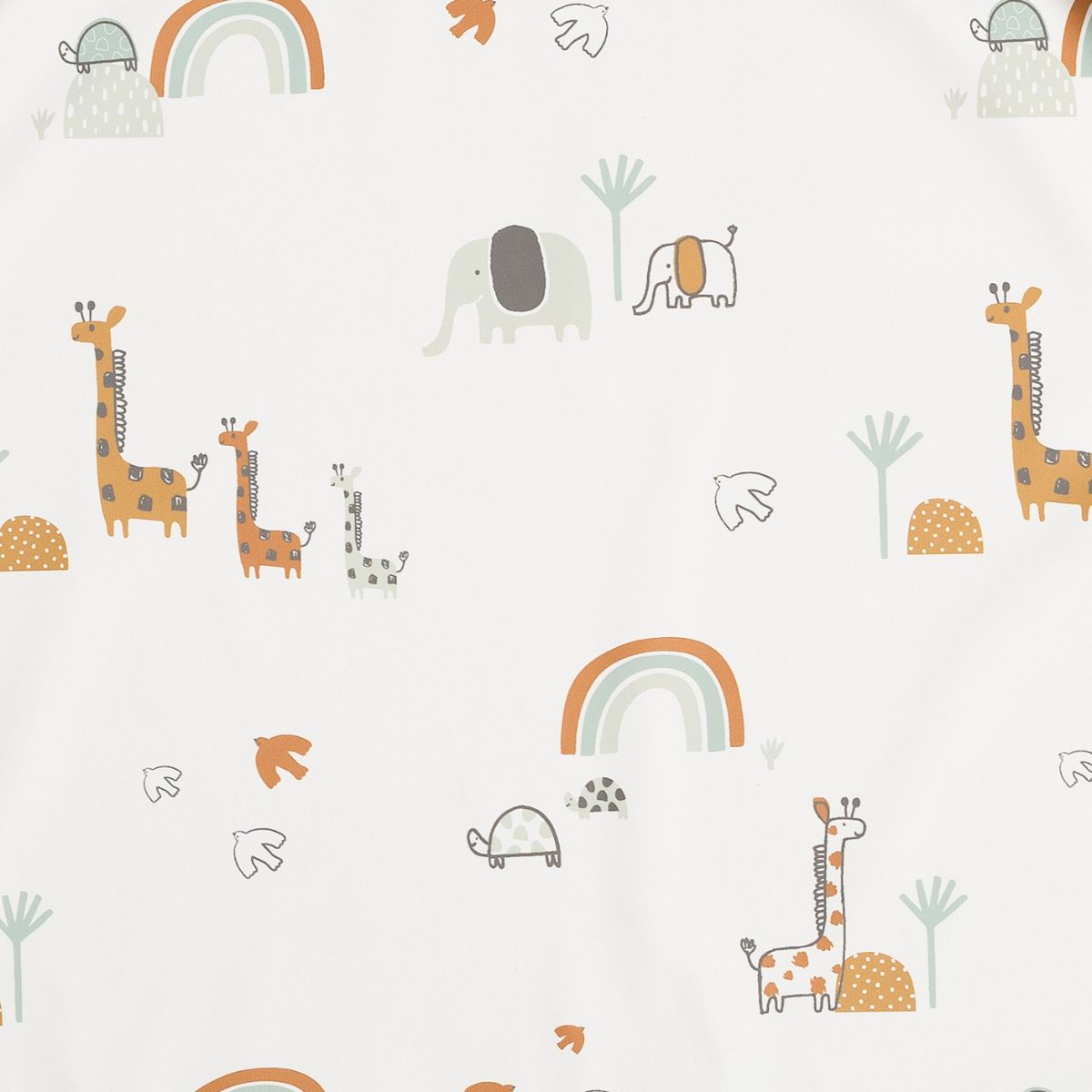 White fabric with a playful safari animal and rainbow pattern, featuring giraffes, elephants, and turtles. - Product image