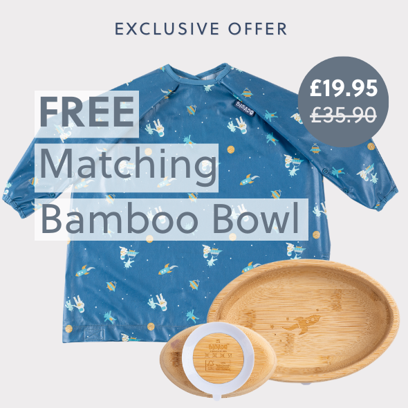 Blue long-sleeved coverall with space print and a natural bamboo suction bowl. - Product image