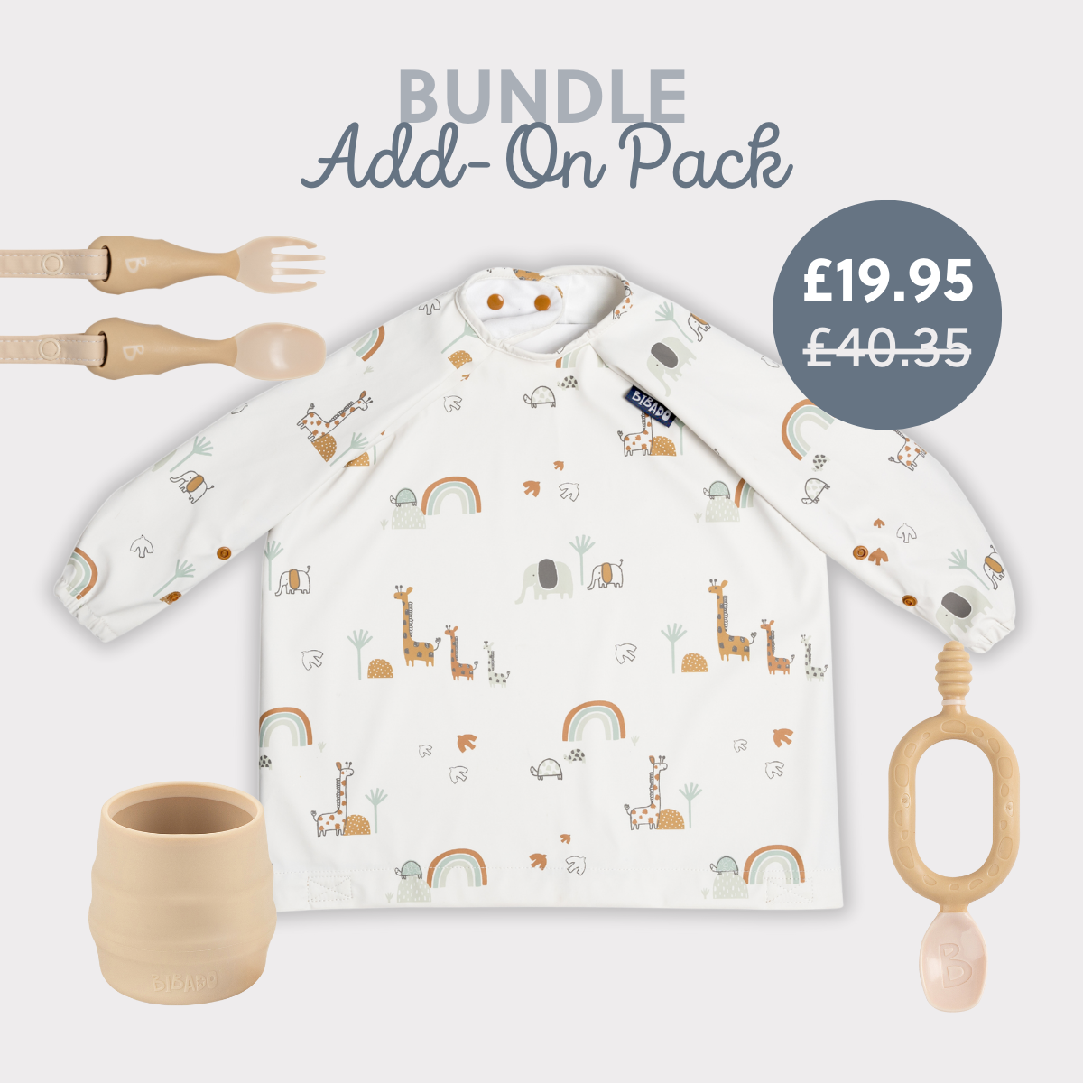 White long-sleeved baby bib with safari animals, beige silicone cup, spoon, fork, and teether. - Product image