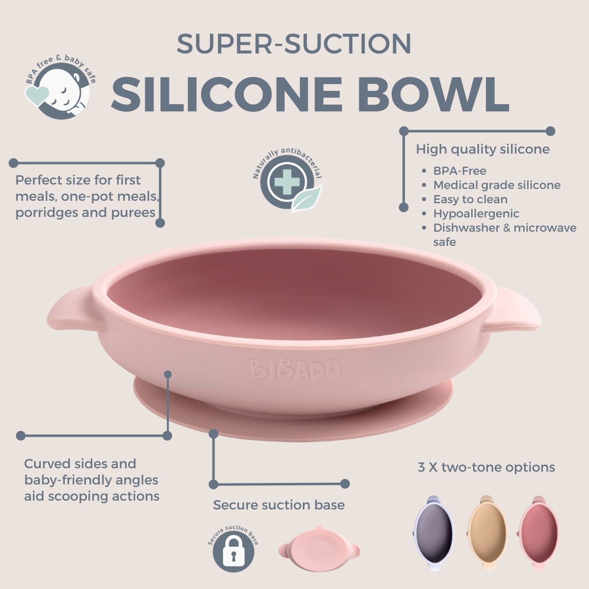 Pink silicone suction bowl with curved sides and secure base, ideal for baby's first meals. - Product image