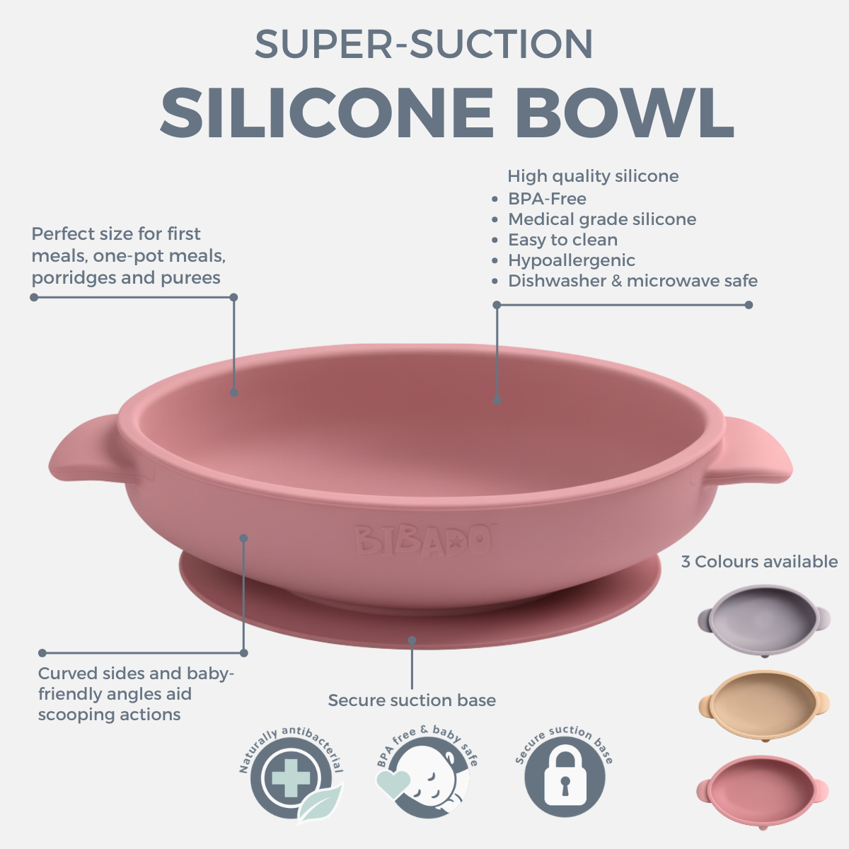 Pink silicone suction bowl with curved sides and secure base, ideal for baby's first meals. - Product image