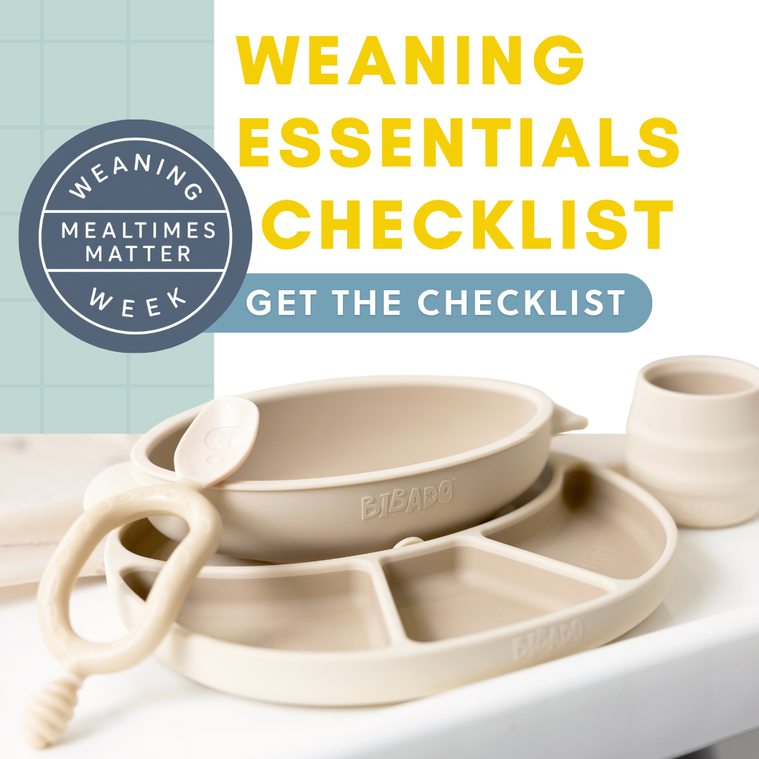Beige silicone weaning essentials: divided plate, bowl, spoon, cup, and teether.