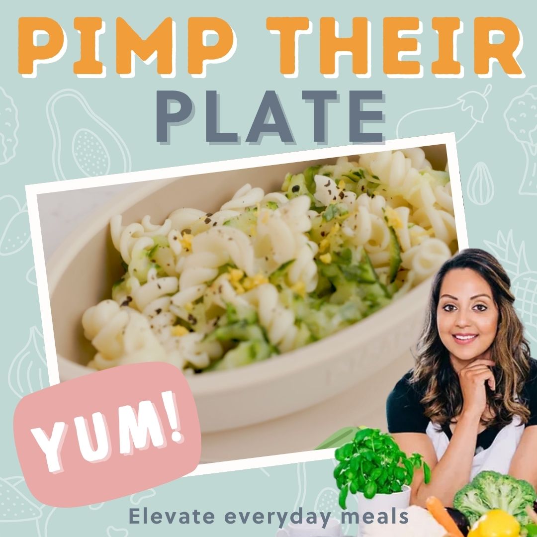 Woman smiling next to a bowl of pasta salad with cucumber and egg, promoting easy meal elevation.