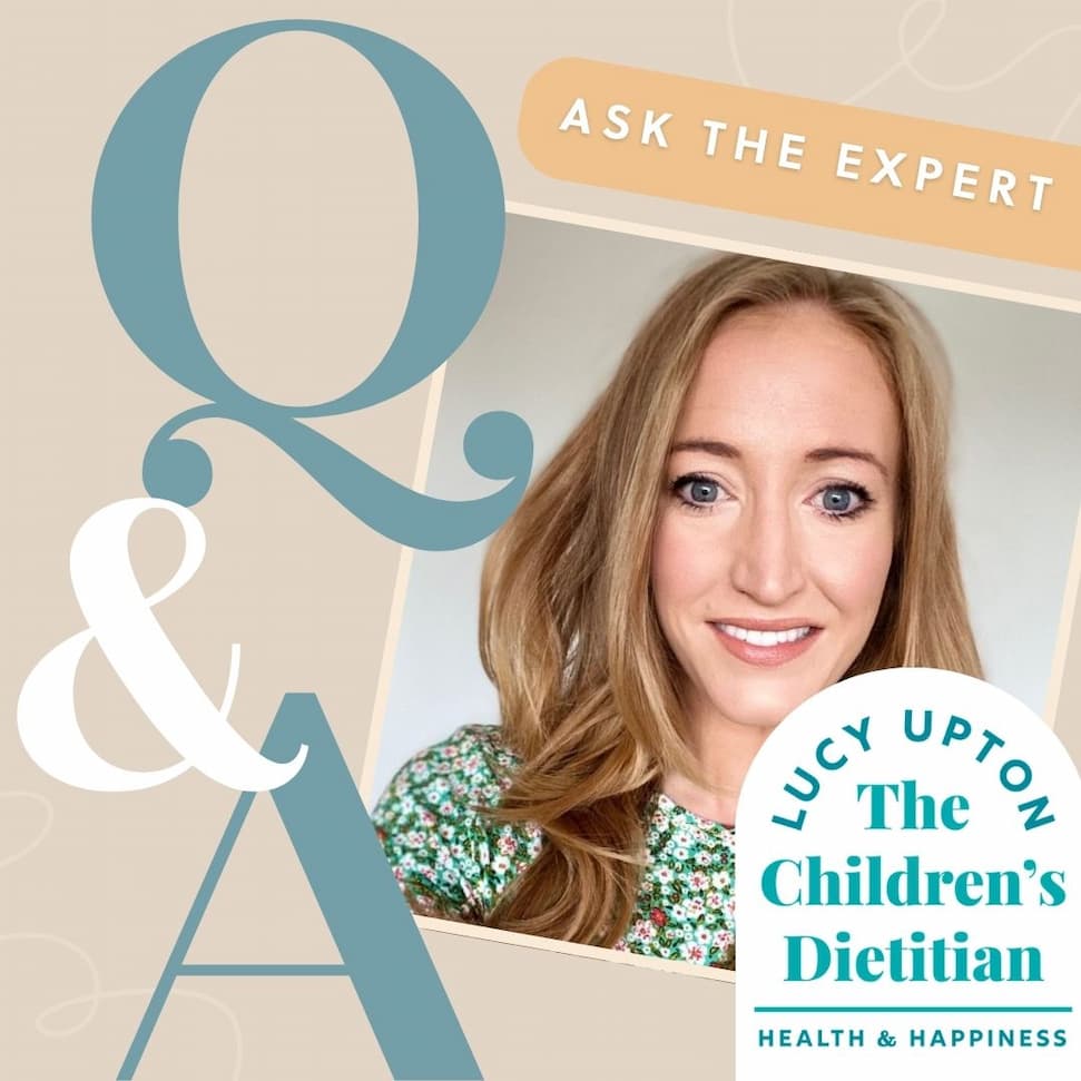 Lucy Upton, The Children's Dietitian, smiling in a Q&A graphic about weaning.