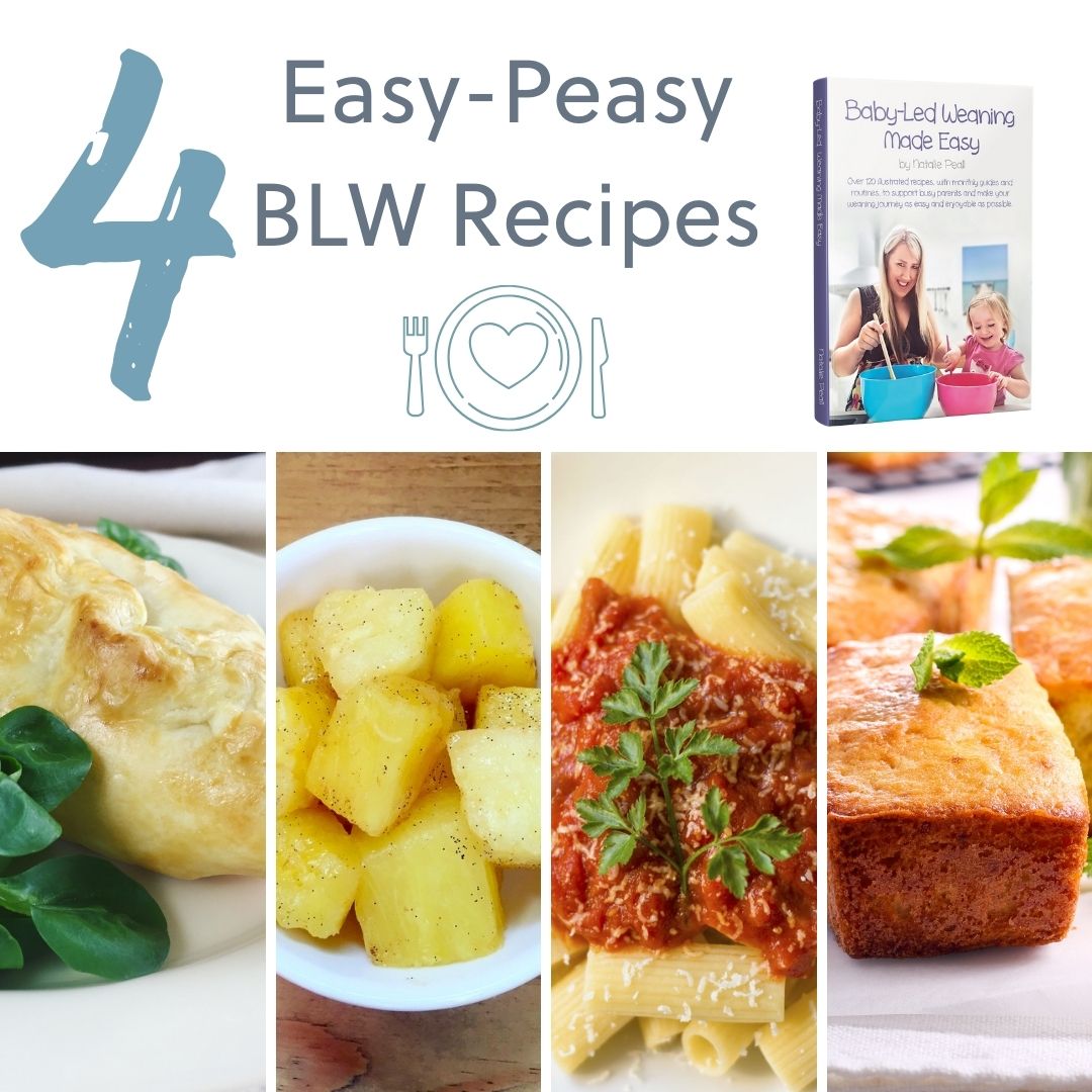 Collage of Natalie Peall's BLW cookbook and four easy baby-led weaning recipes.