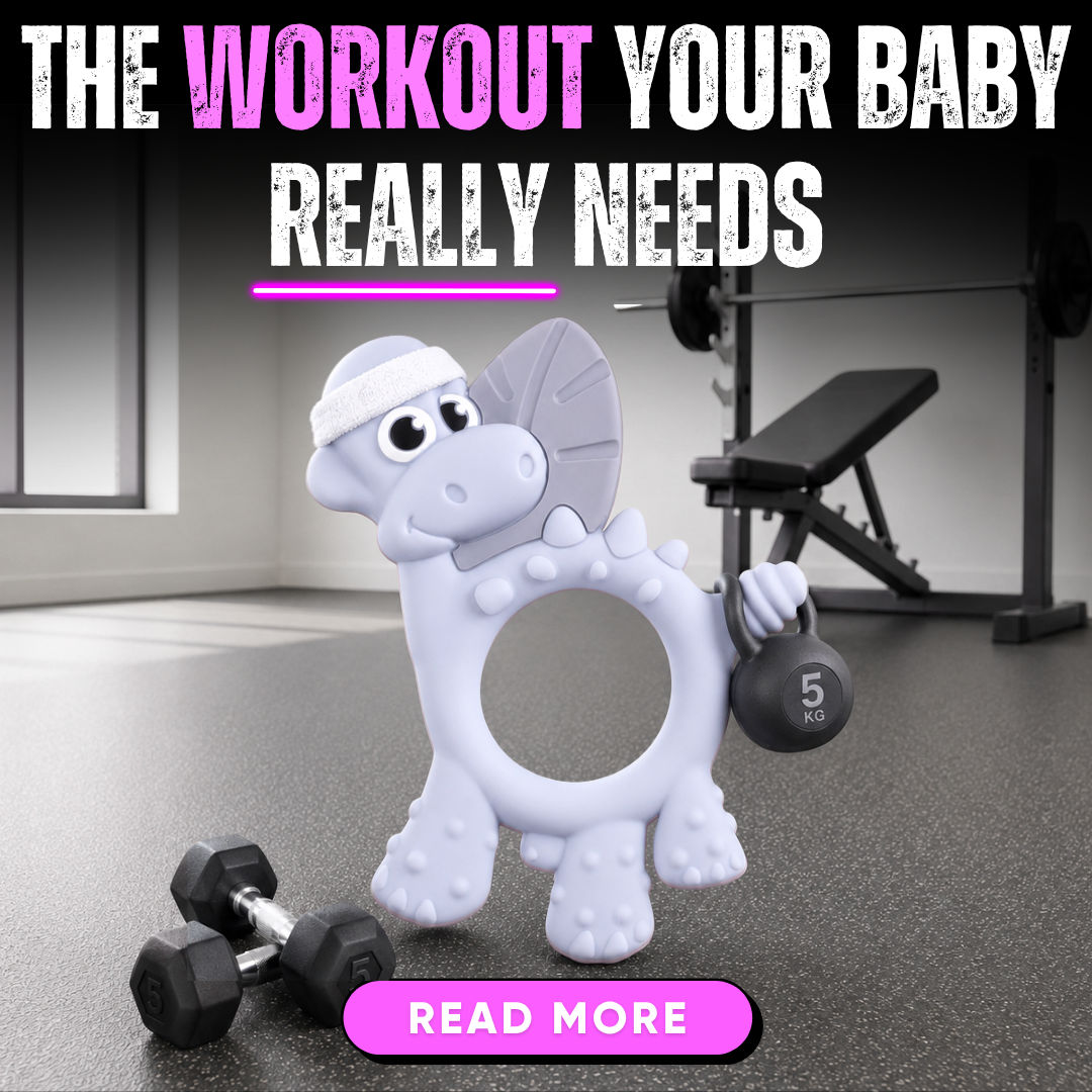 Blue Dotty the Dinosaur edited in a gym setting with a sweatband and weights. Text reads 'The Workout Your Baby Really Needs'