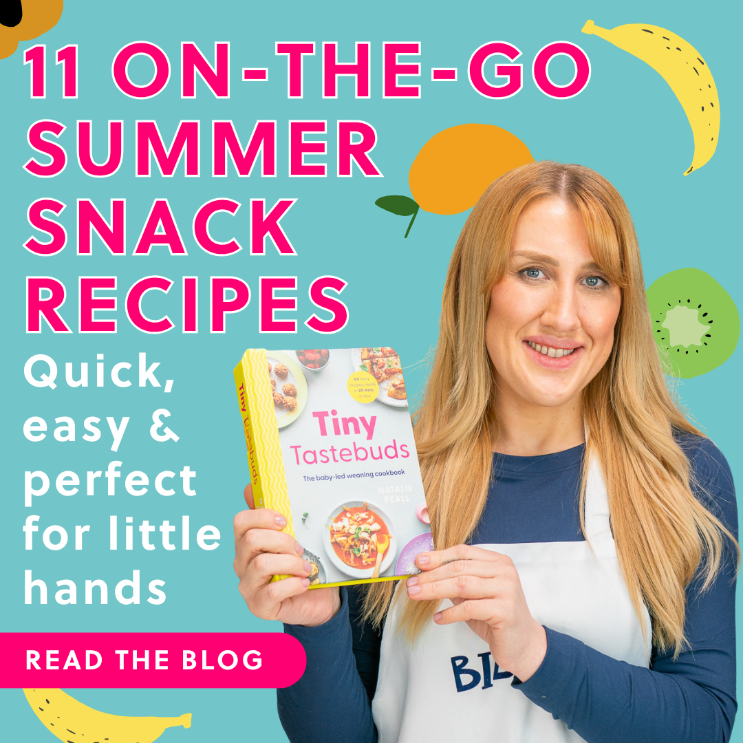 Natalie Peall holds her 'Tiny Tastebuds' book whilst wearing a Bibado apron. Blog title reads '11 On-The-Go Summer Snack Recipes'