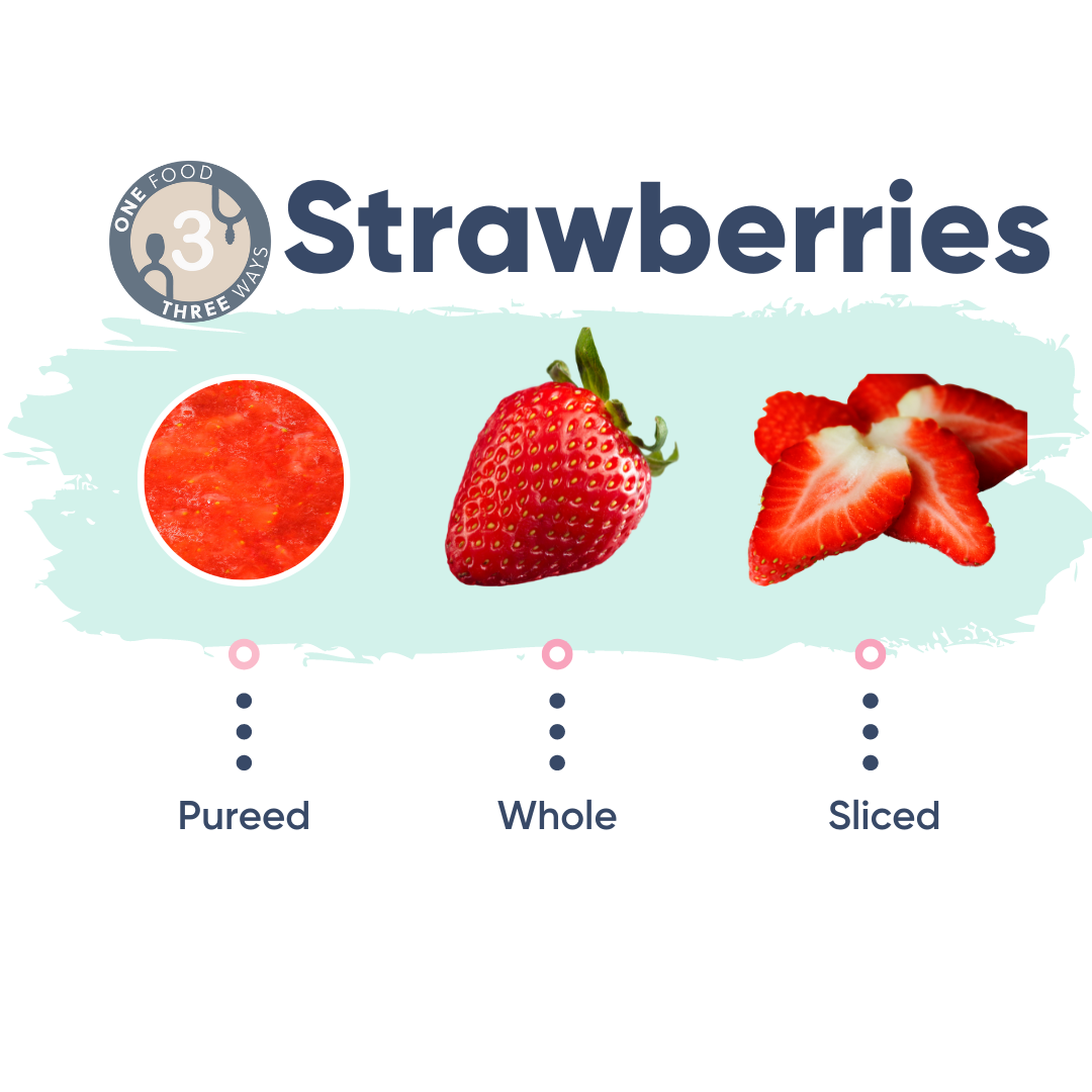 Strawberries prepared three ways: pureed, whole, and sliced, on a light blue background.