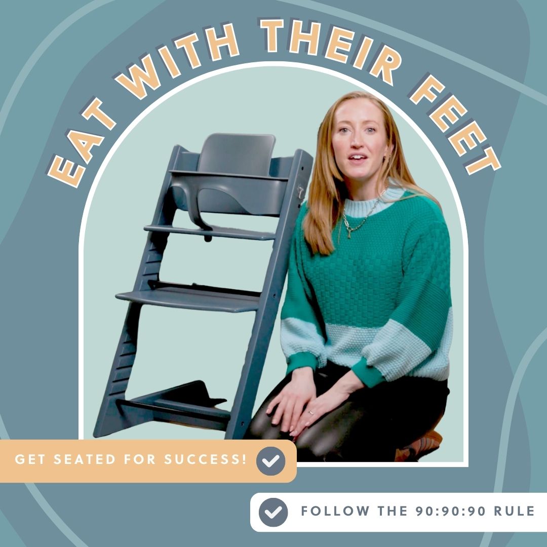Woman in a teal jumper next to a grey high chair, promoting the 90/90/90 rule for baby feeding.