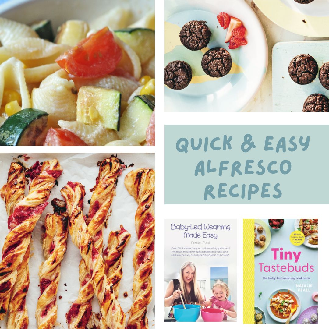 Collage of alfresco recipes: pasta salad, chocolate muffins, raspberry twists, and baby-led weaning cookbooks.