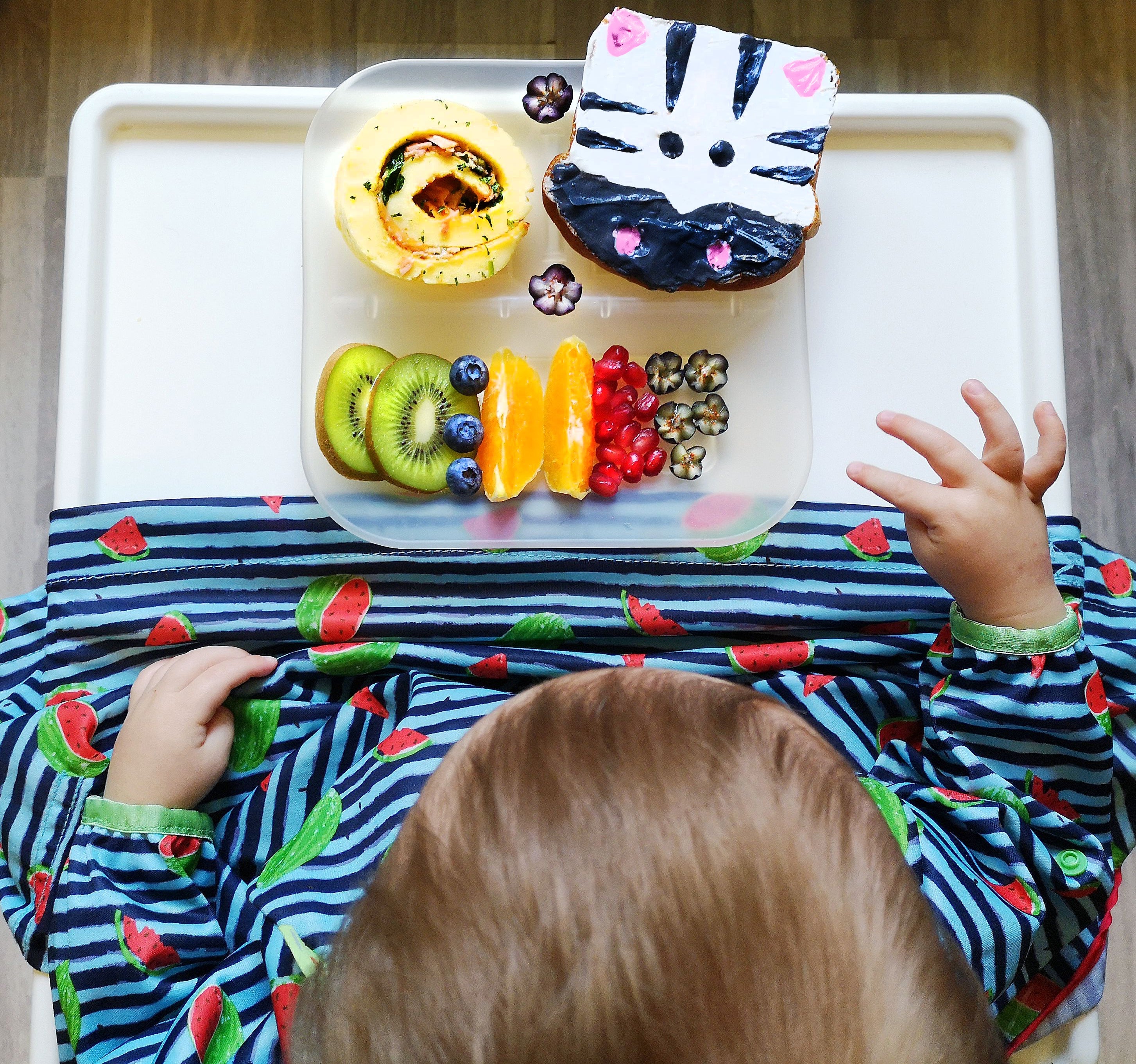 Overhead view of a child's plate with an omelette roll, zebra toast, and fresh fruit.