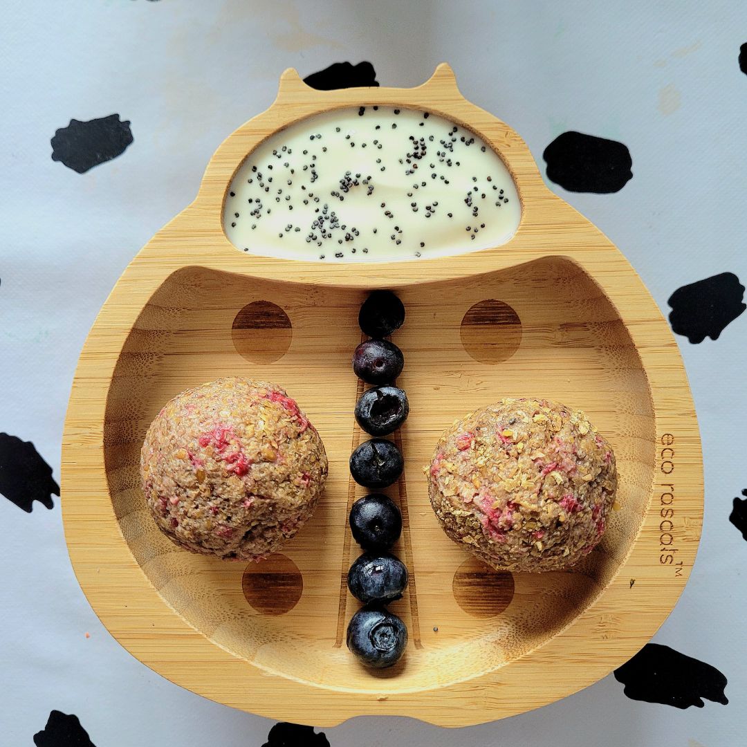 Two raspberry and wheat biscuit balls with blueberries and yoghurt in a ladybird plate.