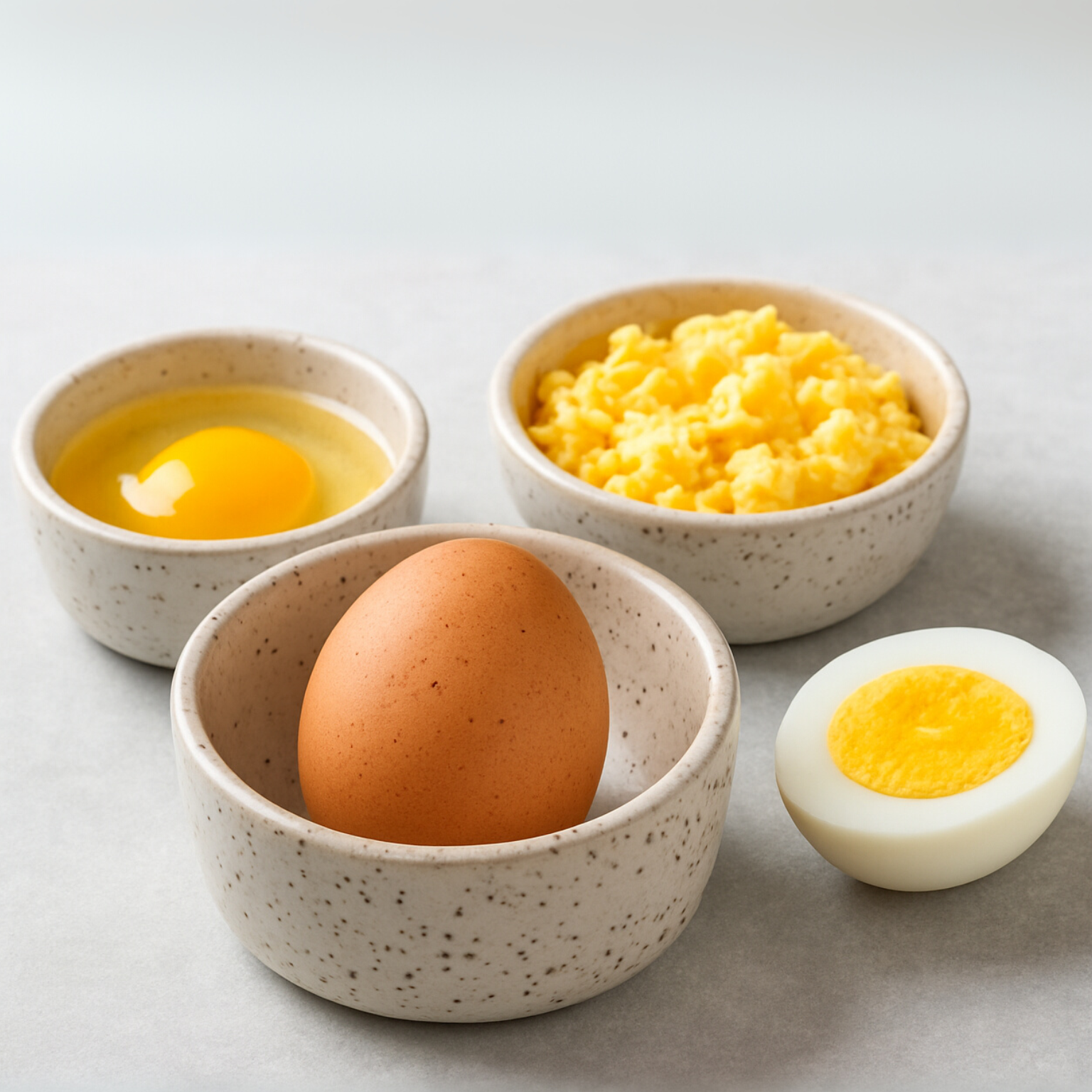 Various egg preparations: a whole brown egg, raw yolk, scrambled eggs, and a halved hard-boiled egg.