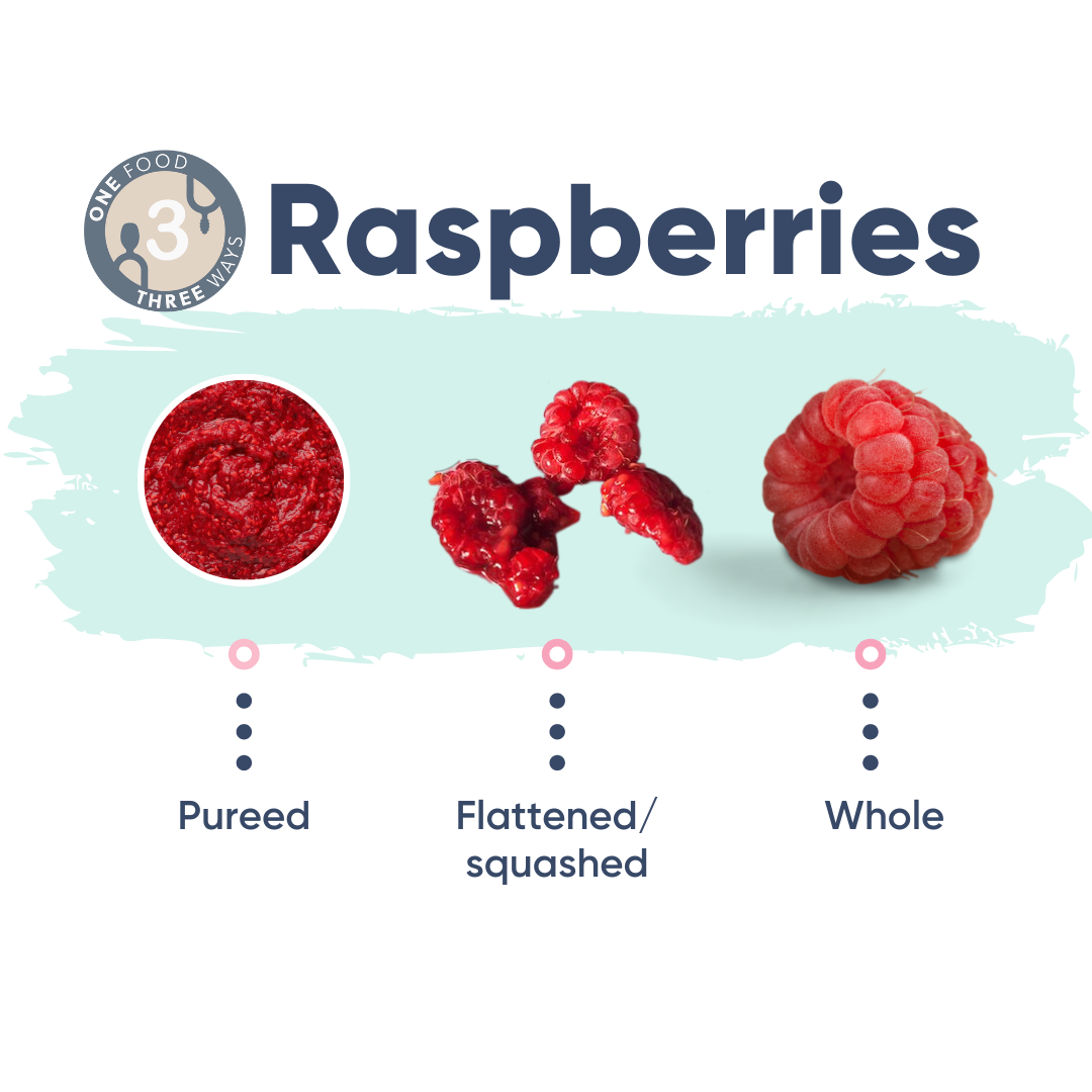 Three ways to prepare raspberries: pureed, flattened, and whole.