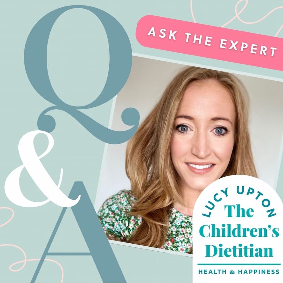 Lucy Upton, The Children's Dietitian, smiling against a blue background with "Q&A Ask the Expert".