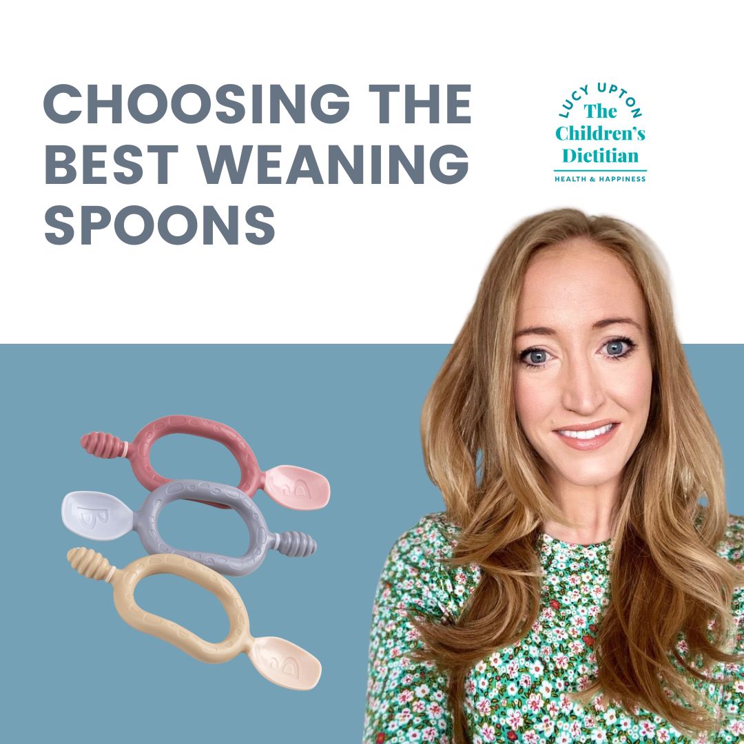Lucy Upton, The Children's Dietitian, with three colourful silicone weaning spoons.