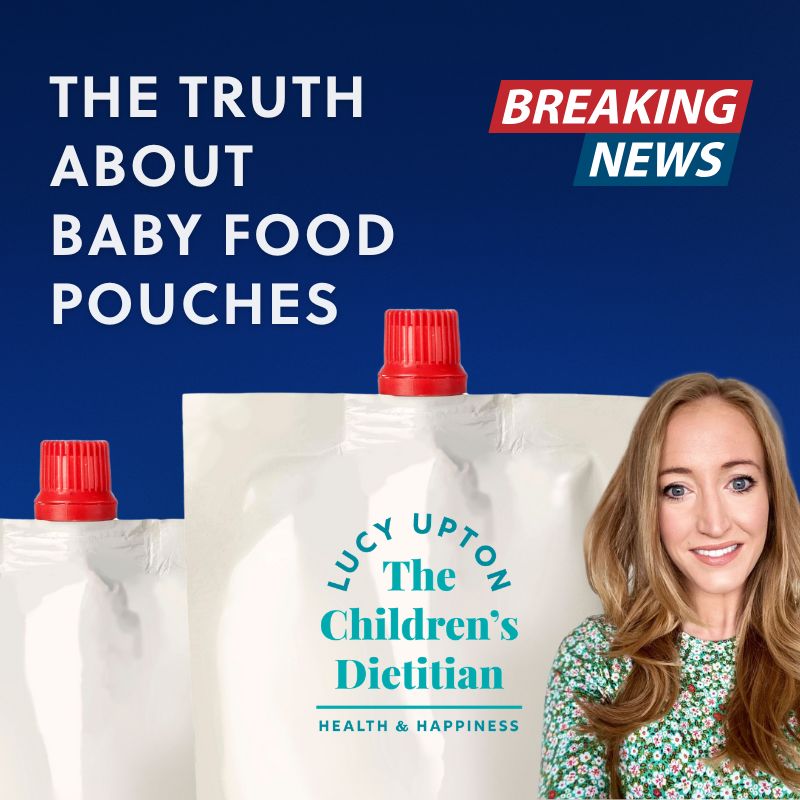 Lucy Upton, The Children's Dietitian, next to two white baby food pouches with red caps.