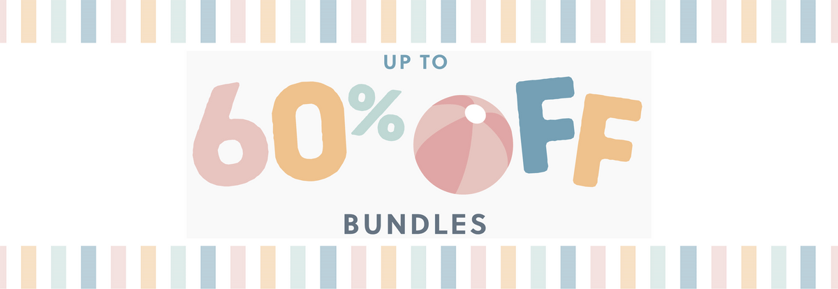 Soft pastel banner with "Up to 60% Off Bundles" in playful, colorful letters and a beach ball.