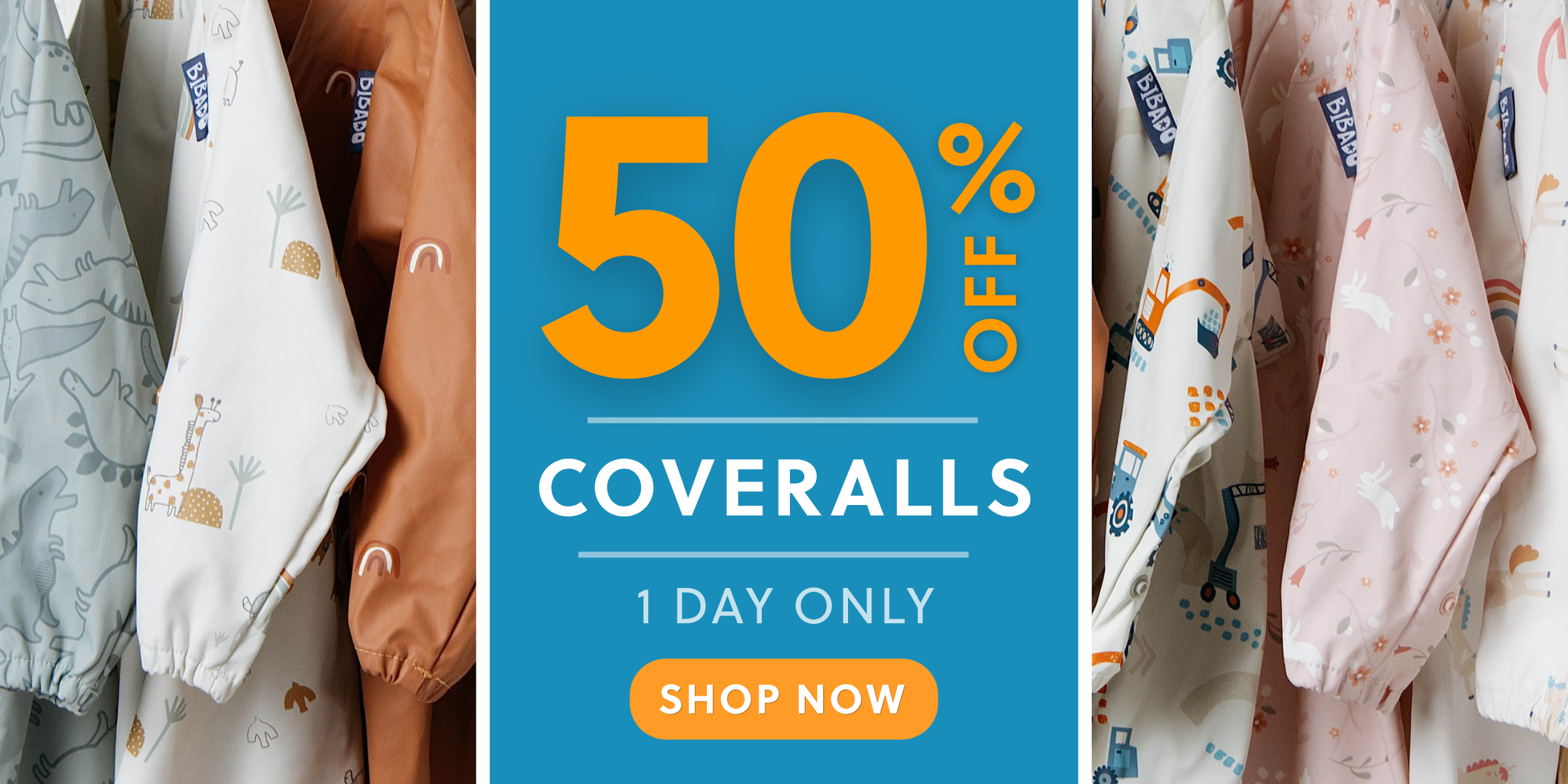 Promotional banner for baby coveralls showing a central blue panel with large orange text reading '50% OFF COVERALLS 1 DAY ONLY SHOP NOW,' flanked by close-up views of patterned coveralls in white, tan, and pink.
