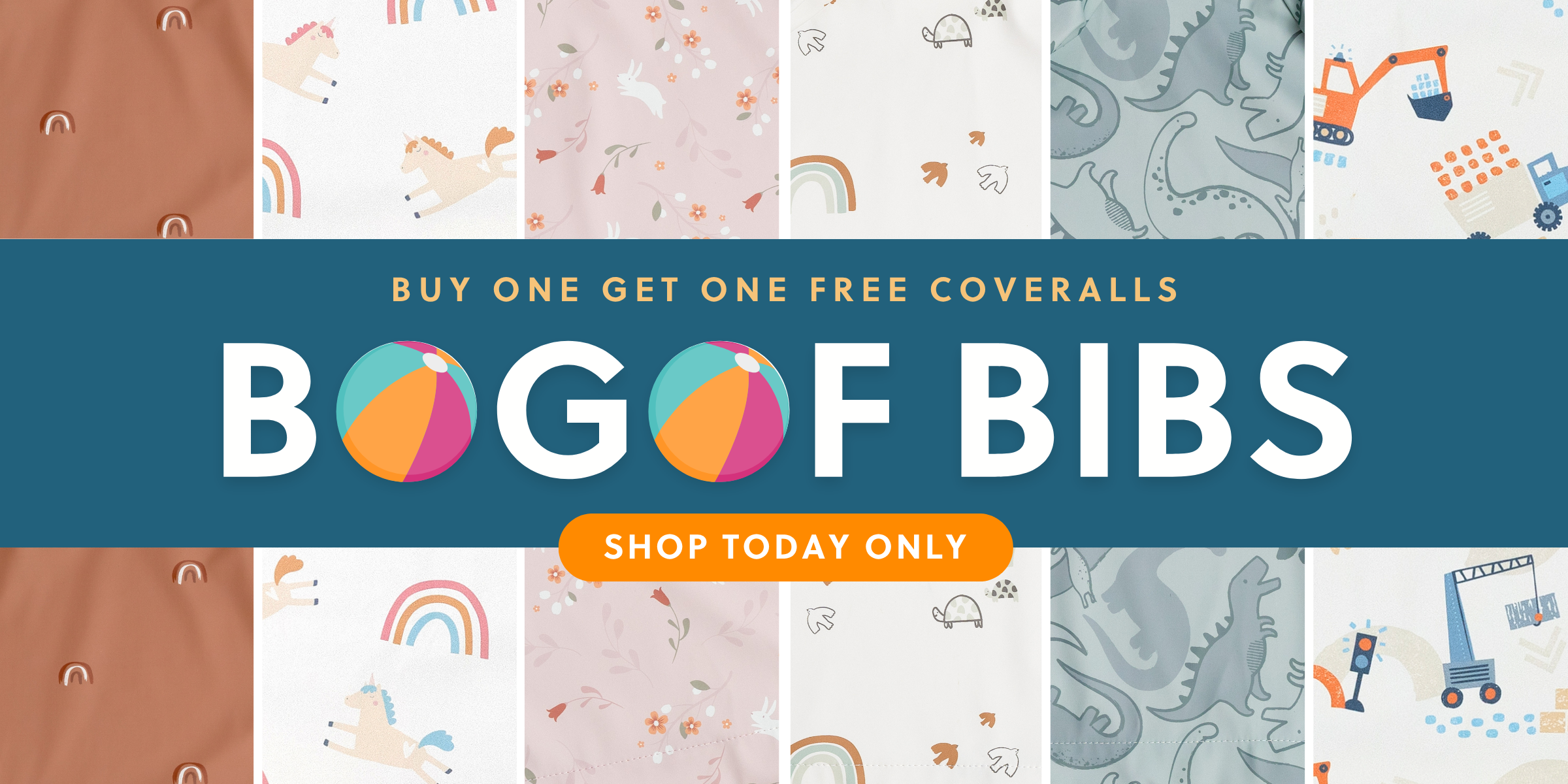 Promotional banner for a bundle of Coverall bibs, featuring a central dark blue text bar reading 'BUY ONE GET ONE FREE COVERALLS BOGOF BIBS SHOP TODAY ONLY' over a collage of Coverall fabric swatches.
