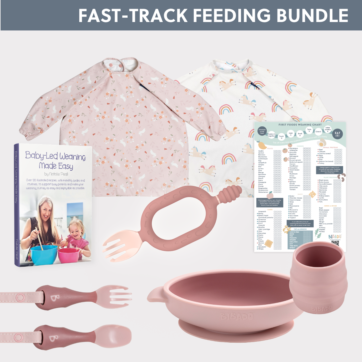 Pink silicone feeding set with bibs, utensils, bowl, cup, and "Baby-Led Weaning Made Easy" book. - Product image