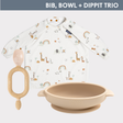 White long-sleeved weaning bib with animal print, beige silicone suction bowl, and matching Dippit spoon.
