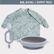 Light green long-sleeved weaning bib with dinosaur print, grey silicone suction bowl, and grey Dippit spoon.