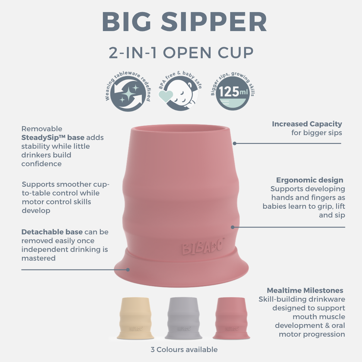 A pink Big Sipper 2-in-1 open cup with callout labels and feature icons on a white background, plus smaller thumbnails showing other available colors at the bottom. - Product image