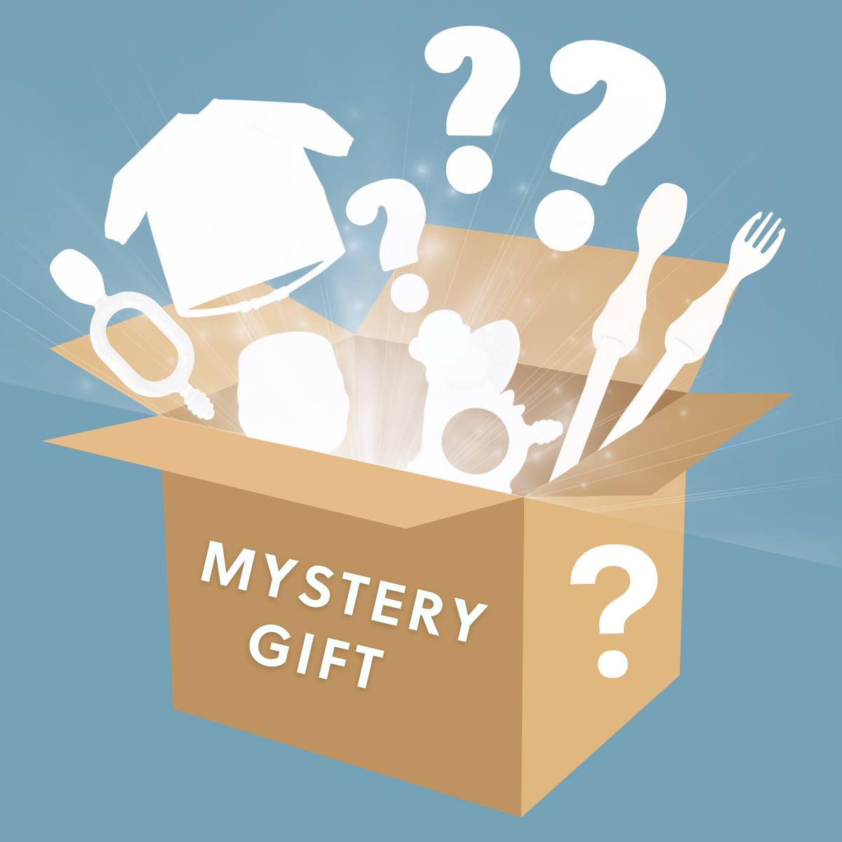 Brown cardboard mystery gift box with white silhouettes of various items and question marks. - Product image