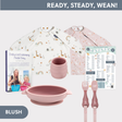 Blush pink silicone weaning set: bowl, cup, fork, spoon, plus two long-sleeve bibs with animal/rainbow prints, a recipe book, and a food chart.