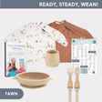 Fawn baby-led weaning bundle: long-sleeve bibs (rainbow, safari), silicone bowl, cup, fork, spoon, weaning book, and food chart.