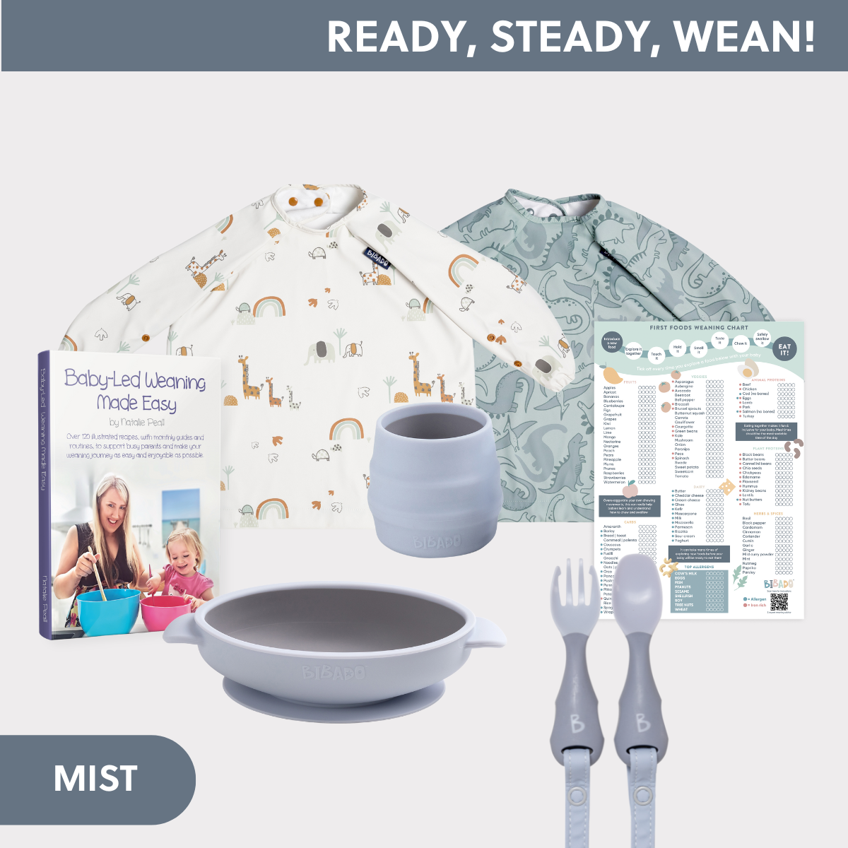 Baby-Led Weaning Bundle: book, two long-sleeve bibs (rainbow and dinosaur), grey silicone bowl, cup, and cutlery. - Product image