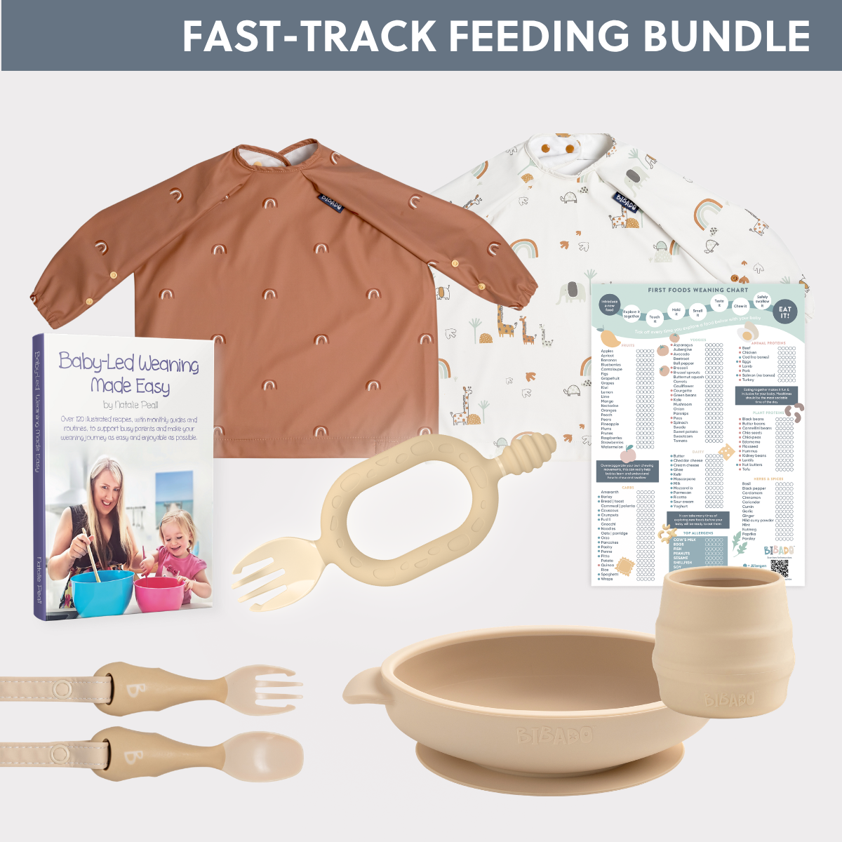 Fast Track Feeding Bundle: terracotta rainbow smock, safari bib, beige silicone bowl, cup, fork, spoon, teether, and weaning chart. - Product image