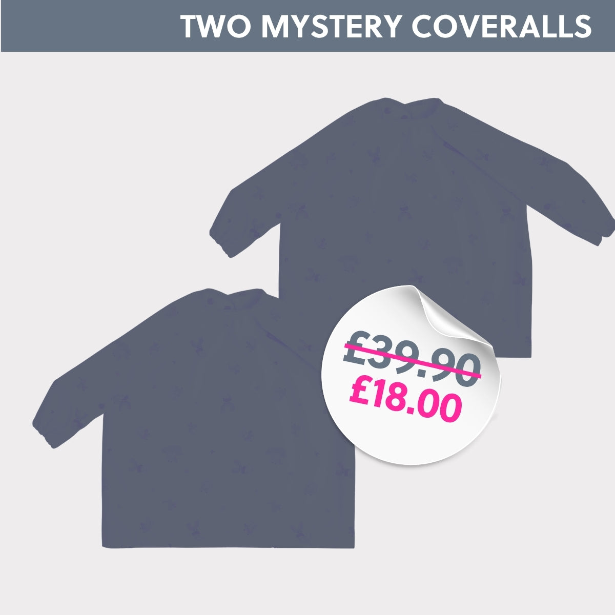 Two mystery coveralls with a price tag showing £39.90 crossed out and £18.00 written in pink. - Product image