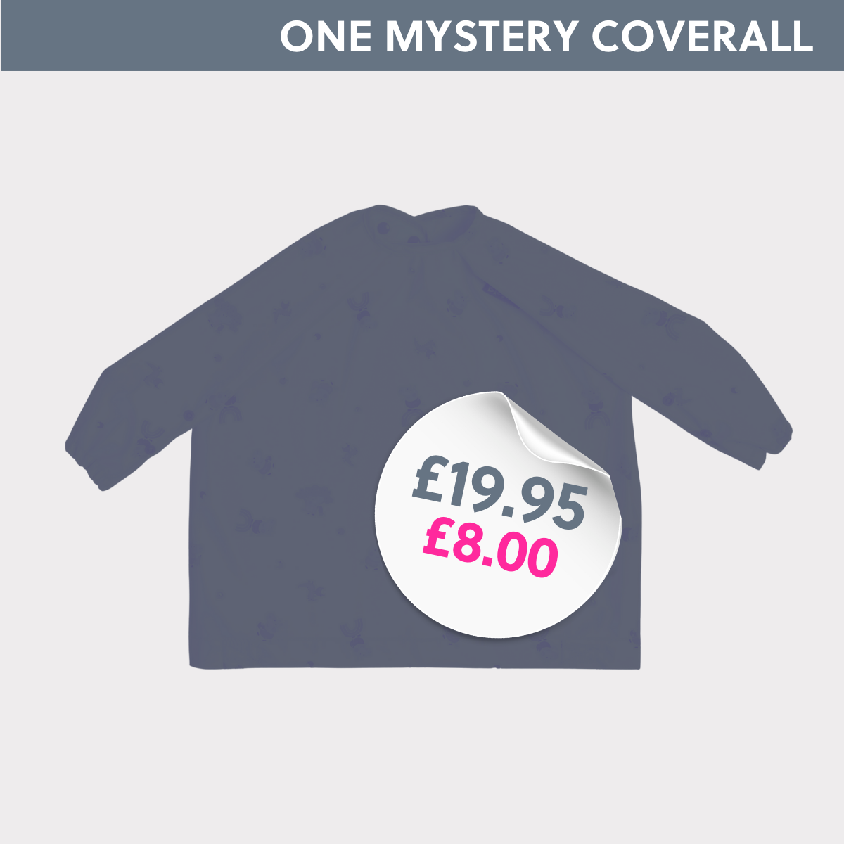 Dark grey long-sleeved coverall weaning bib with subtle pattern and a white sticker showing £19.95 crossed out, now £8.00. - Product image